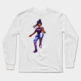 Black anime superhero brown eyed girl from outer space doing a high knee kick ! beautiful  black girl with Afro hair, brown eyes, Cherry pink lips and dark brown skin. Hair love ! Long Sleeve T-Shirt